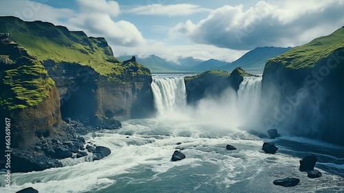 Norwegian waterfall Skogafoss natural landscape banner. Drone aerial image of the highest waterfall..