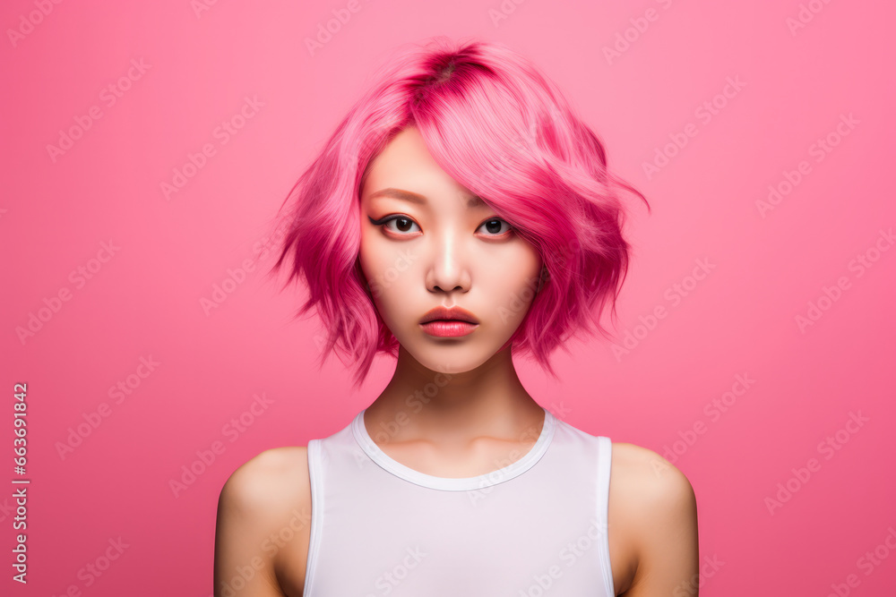 Young Japanese pink haired woman on a clean background