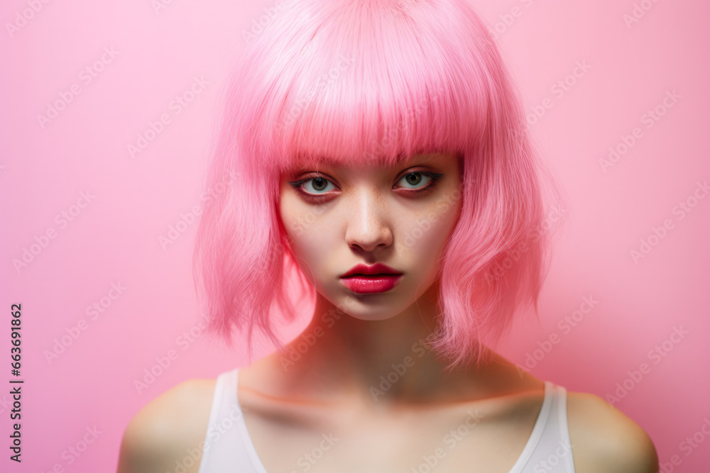 Young Japanese pink haired woman on a clean background