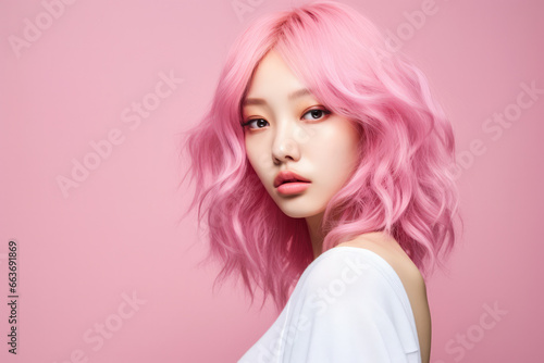 Young Japanese pink haired woman on a clean background