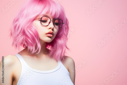 Young Japanese pink haired woman on a clean background