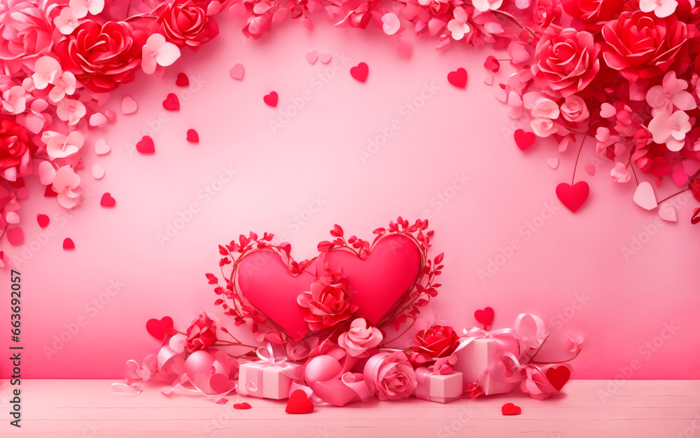 A bouquet of roses on a pink background. Background for greeting. Background with roses and boxes