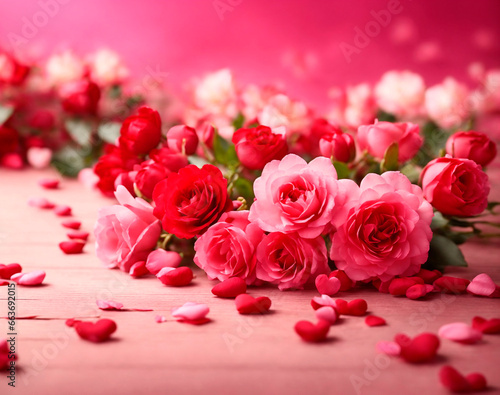 A bouquet of roses on a pink background. Background for greeting. Background with roses