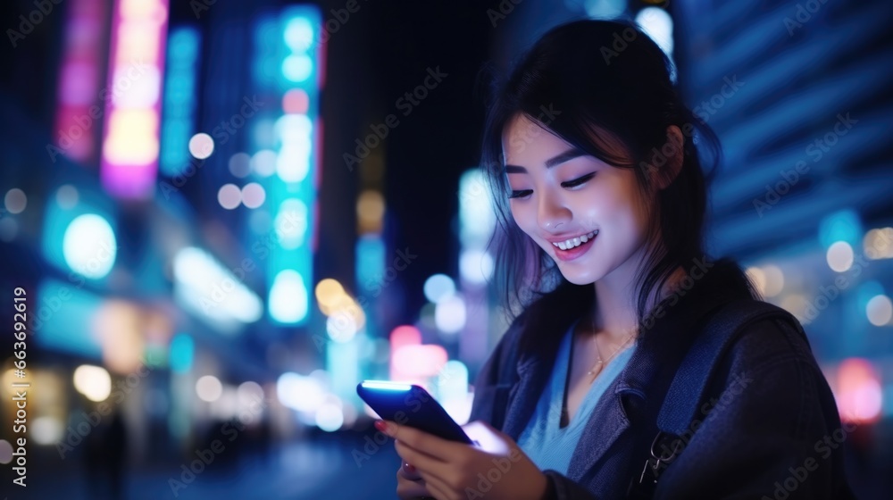 Young Asian woman using mobile phone and walking through night city street. Young Asian woman using mobile phone and walking through night city street.
