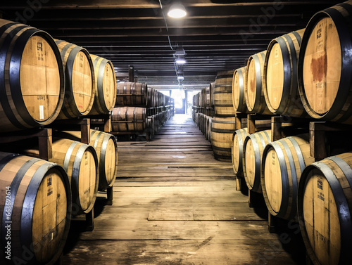 A rustic image featuring rows of whiskey, bourbon, scotch, and wine barrels in an aging facility.