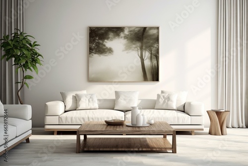 An image of a contemporary living room featuring a sleek white linen sofa. Generative AI