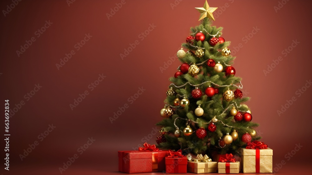 Green Christmas Tree with Red and gold decorations and presents on red background mockup banner, Merry Christmas Holiday theme 