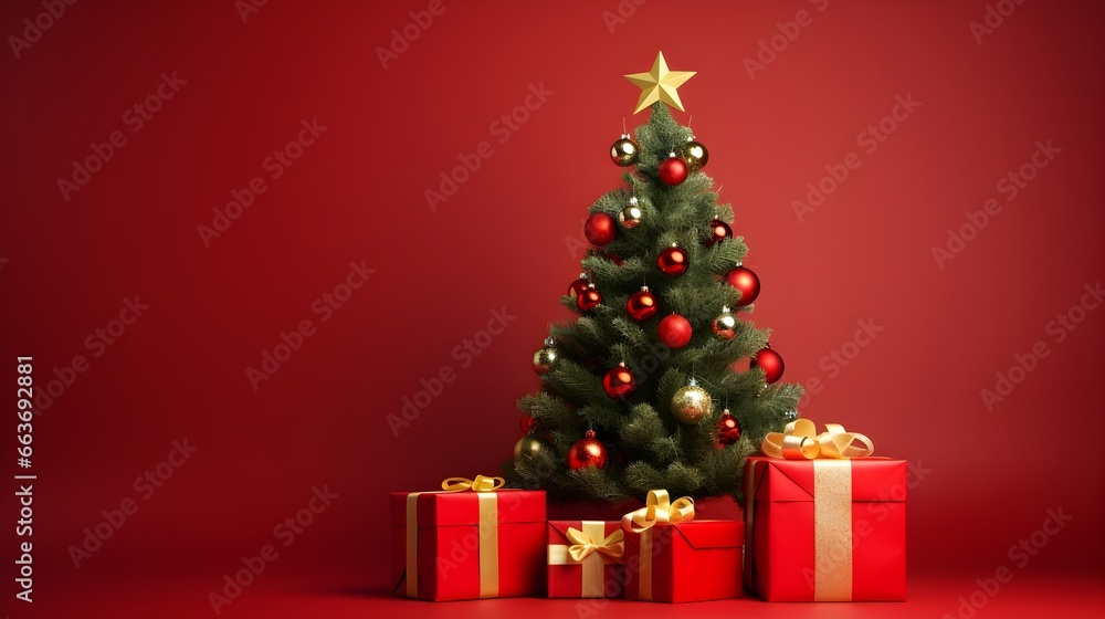 Green Christmas Tree with Red and gold decorations and presents on red background mockup banner, Merry Christmas Holiday theme 