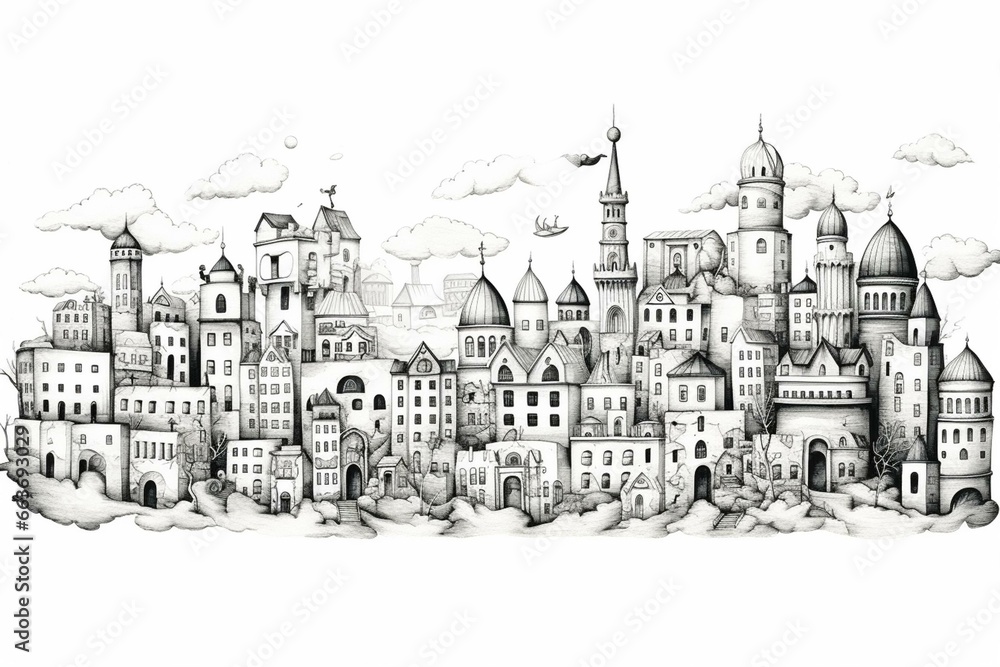Hand-drawn panorama of a city on a white background. Generative AI