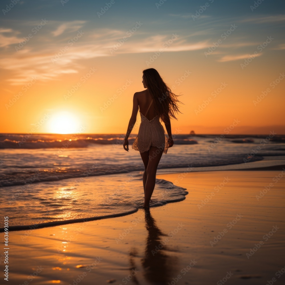 Woman strolling along the beach at sunset, backlit view