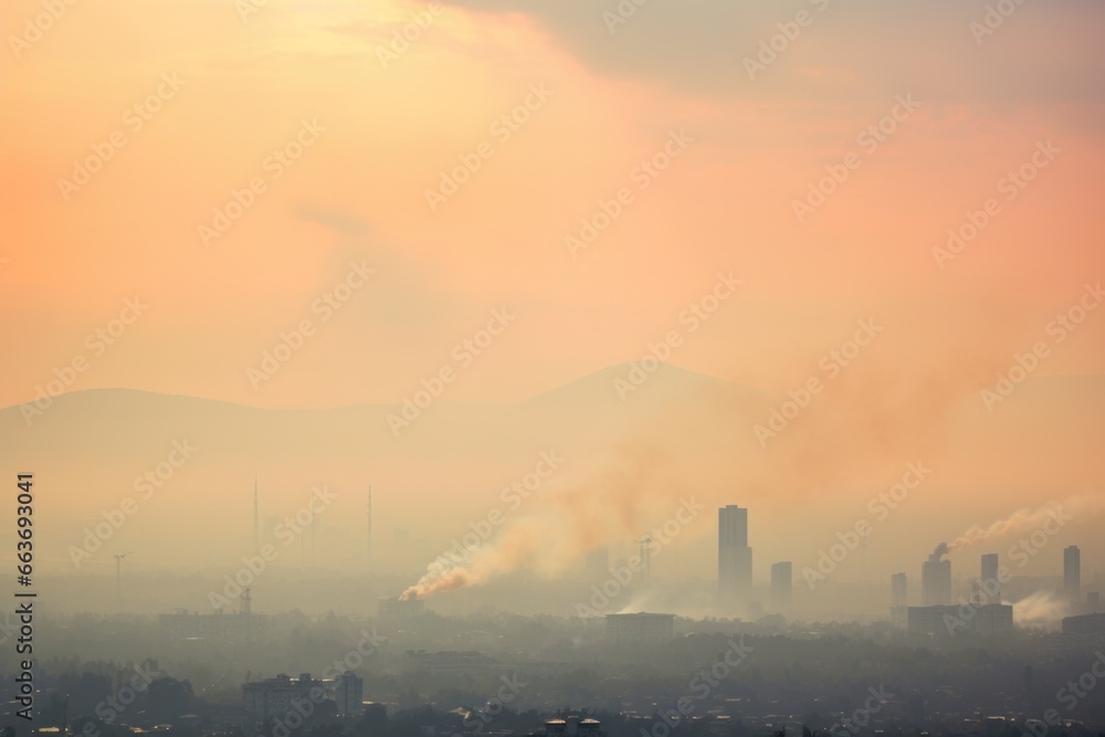 A city with high pollution in a sunny day, with smoke. Skyline of a highly polluted city.