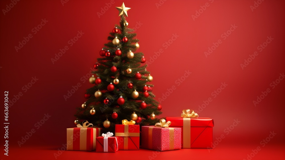 Green Christmas Tree with Red and gold decorations and presents on red background mockup banner, Merry Christmas Holiday theme 