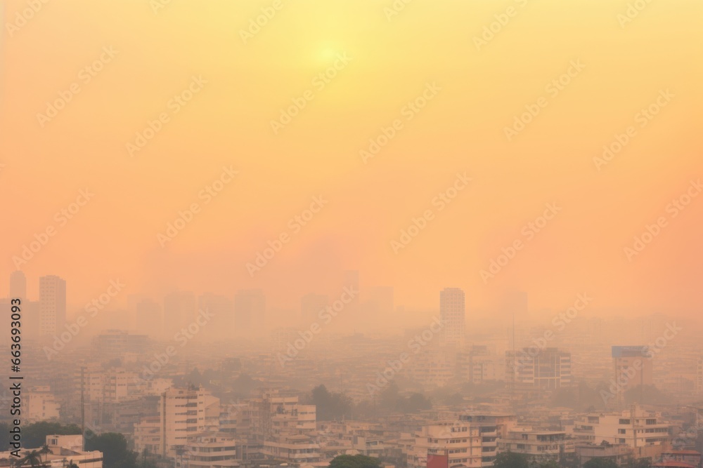 A city with high pollution in a sunny day, with smoke. Skyline of a highly polluted city.