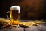 Glass of fresh and cold beer on brewery dark wood background, minimalistic banner