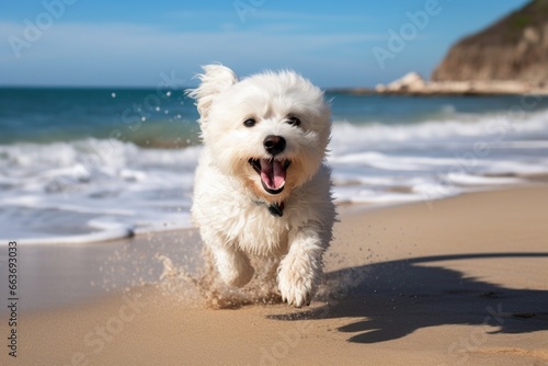 Bichon Maltese running on the beach with the sea in the background