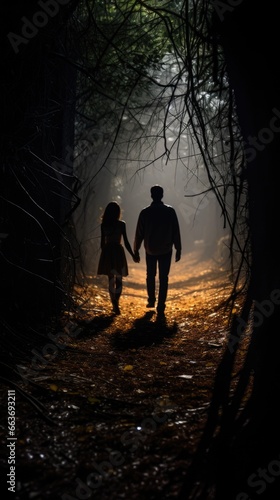 Couple walking alone in a forest at night, feeling of intrigue.