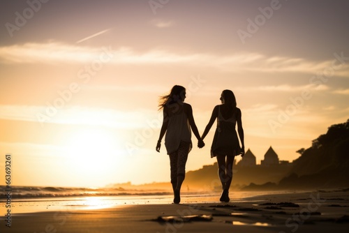 A lesbian couple holding hands walking along the beach at sunset.