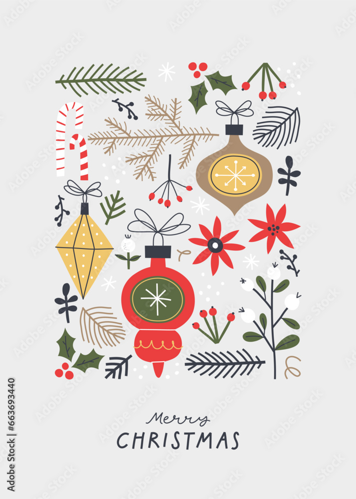Set of elements for Christmas design. Traditional holiday decorations.