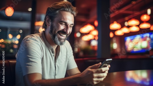a man smiling and using on his mobile smartphone and smiling in a cafe bar. blurry background. late in the night evening.