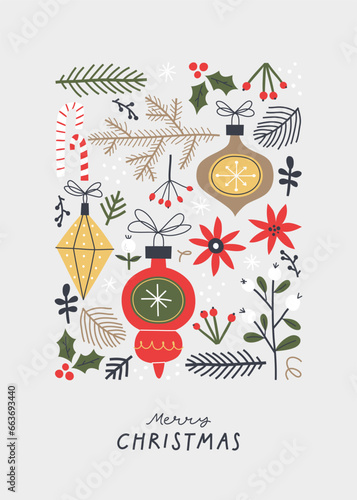 Set of elements for Christmas design. Traditional holiday decorations.