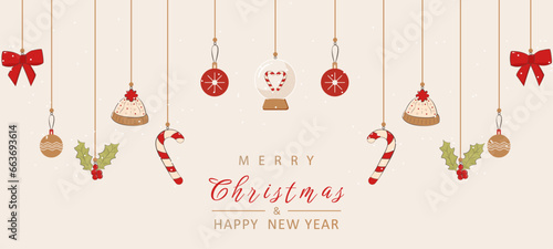 Christmas banner background with hanging christmas elements decoration. Horizontal christmas posters, greeting cards, headers, website