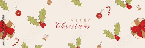 Christmas banner with christmas elements and gifts box. Horizontal christmas posters, greeting cards, headers, website