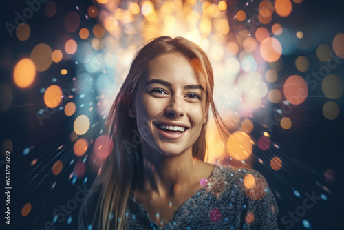Woman smiling Christmas light bokeh, AI generated
