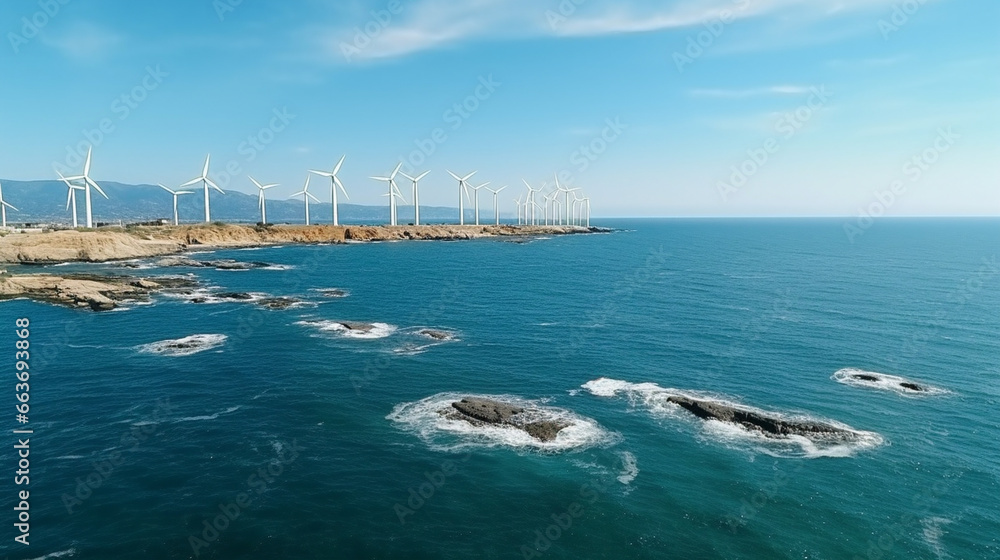 Aerial view of a windmill park located in the ocean, surrounded by windy waves.