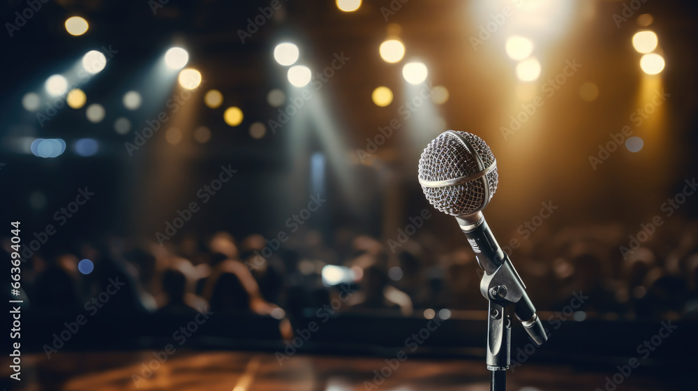 a microphone for singing stands on stage in the bright light of spotlights, performance, stand-up concert, karaoke, music, technology, device, hall, rehearsal, acting, show, broadcast, theater, club - obrazy, fototapety, plakaty 