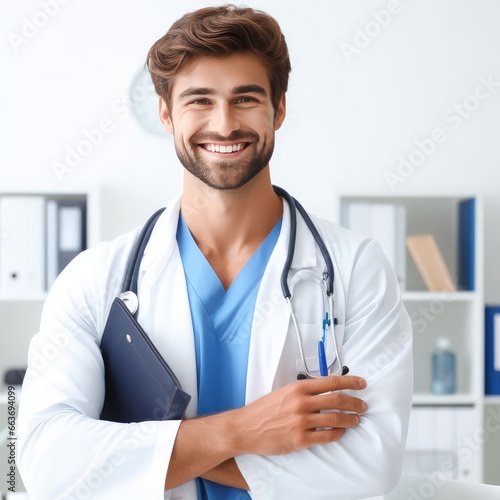 happy young male doctor wearing medical coat and stethoscope around his neck