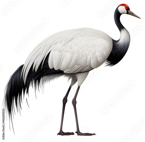 standing red crowned crane isolated on a white background  as transparent PNG