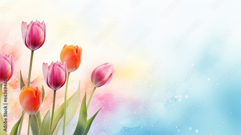 Soft Colorful Watercolor Tulip with Ink Effect on the Minimalist Background, Copy Space
