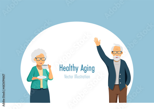 Senior couple in happy manner. Healthy aging, active elderly and health care. Vector.