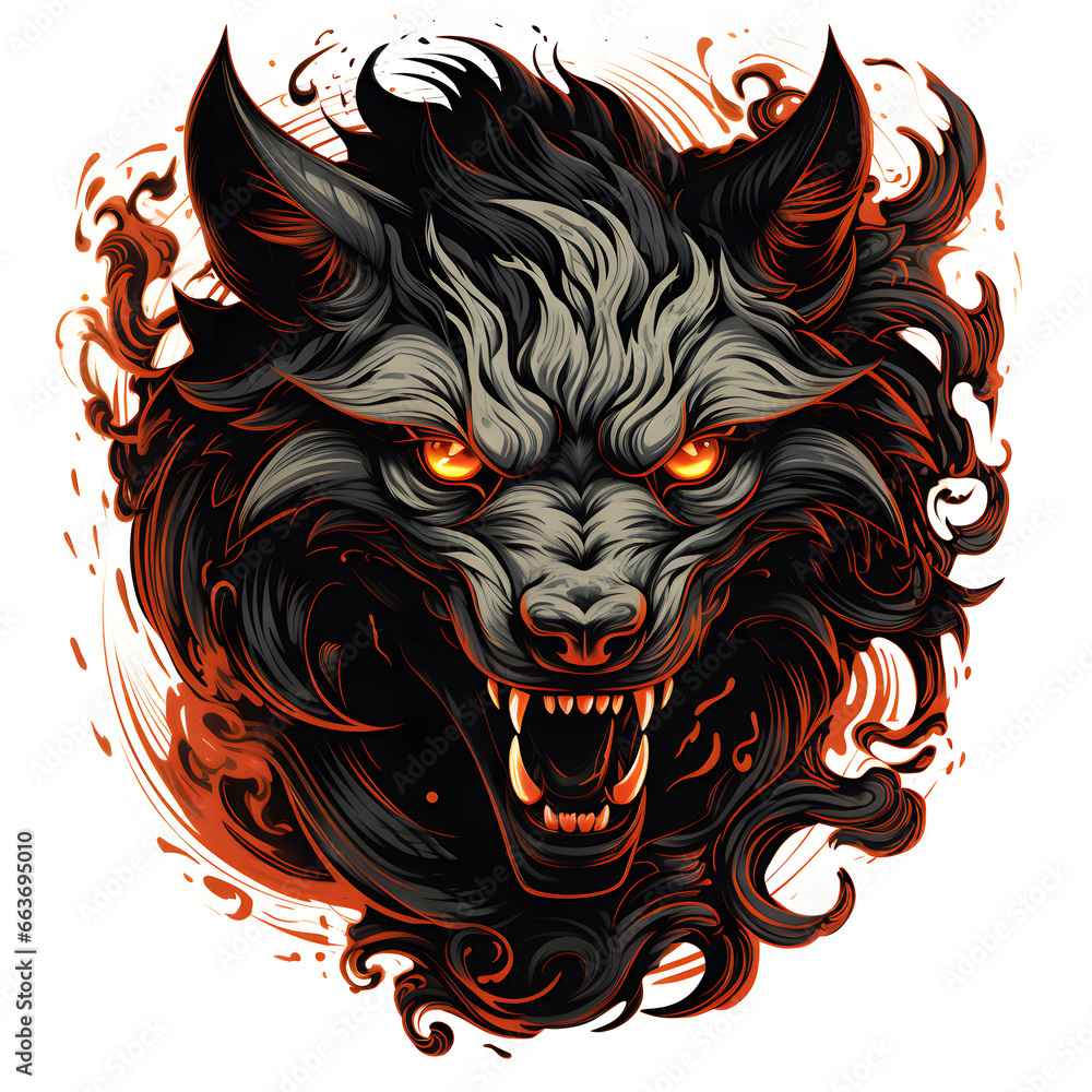 wolf Fenrir head tattoo design dark art illustration isolated on white background