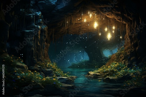 Magical cave with fireflies. Generative AI