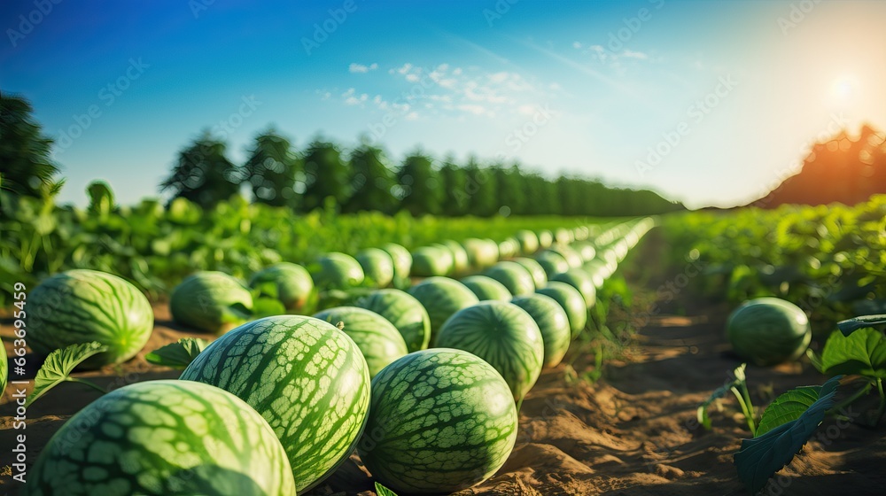 Watermelon on the green watermelon plantation in the summer. Agricultural watermelon field Watermelon on the green watermelon plantation in the summer. Agricultural watermelon field