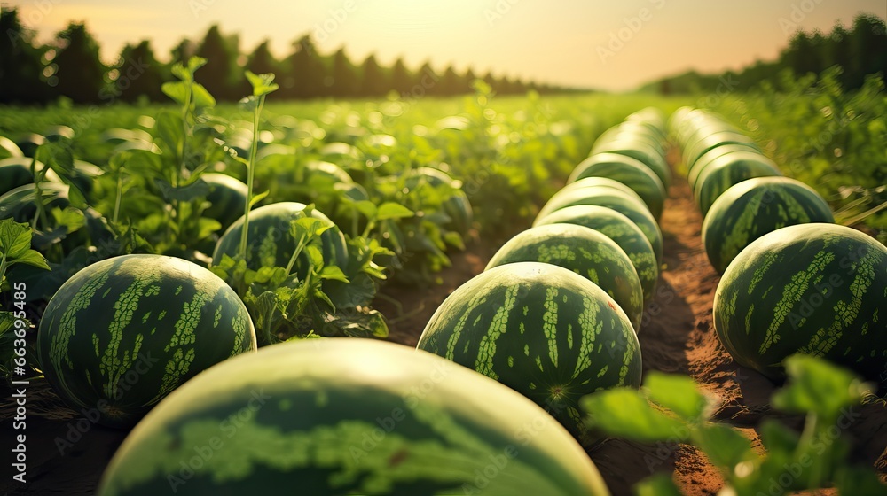 Watermelon on the green watermelon plantation in the summer. Agricultural watermelon field - obrazy, fototapety, plakaty 
