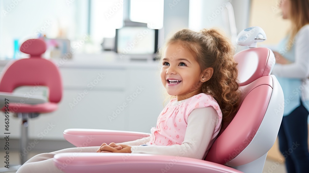 Close up of happy girl showing teeth at dental clinic during dental check up. People, medicine, stomatology and health care concept Close up of happy girl showing teeth at dental clinic during dental check up. People, medicine, stomatology and health care concept