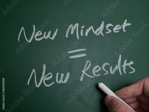 New mindset results, text words typography written on chalkboard, business education and self development