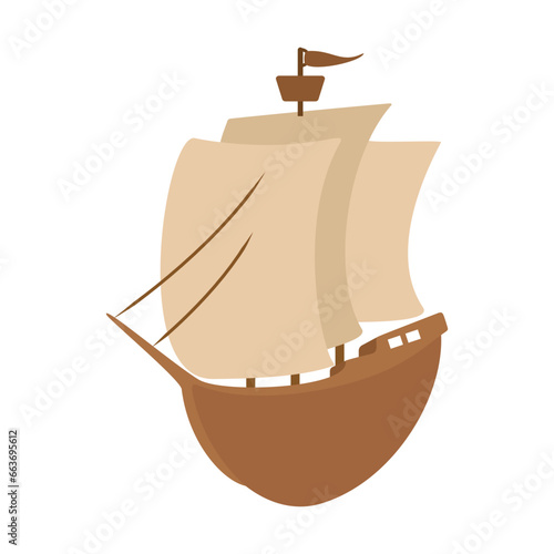 Cartoon wooden ship for sea travel with white sails and flags. Boat isolated on white background