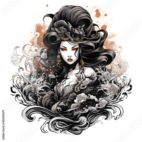 geisha tattoo design dark art illustration isolated on white background