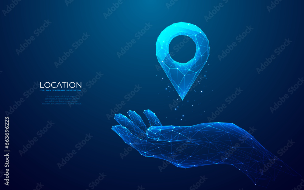 Abstract technology pin on hand. Location and GPS concept. Digital one pin icon hologram and human palm on dark blue background in futuristic low poly style. Geometric polygonal vector illustration. - obrazy, fototapety, plakaty 