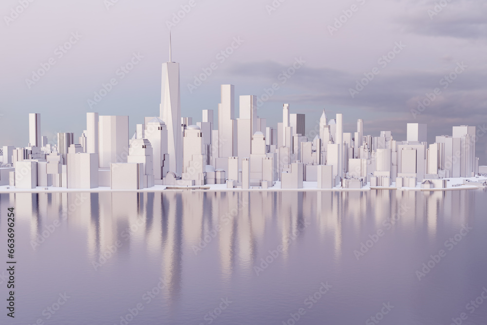 New York City lower Manhattan downtown skyline in the sunset. Low poly winter wonderland in NY with ice white buildings and dramatic lighting on water reflection.