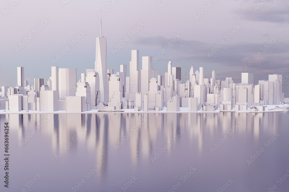 New York City lower Manhattan downtown skyline in the sunset. Low poly winter wonderland in NY with ice white buildings and dramatic lighting on water reflection. New York City lower Manhattan downtown skyline in the sunset. Low poly winter wonderland in NY with ice white buildings and dramatic lighting on water reflection.