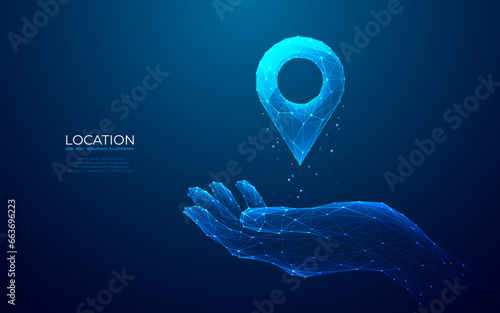 Abstract technology pin on hand. Location and GPS concept. Digital one pin icon hologram and human palm on dark blue background in futuristic low poly style. Geometric polygonal vector illustration.