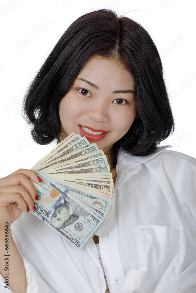 Chinese Woman holding United States Bank Notes isolated white background Chinese Woman holding United States Bank Notes isolated white background
