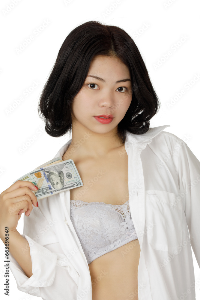 Chinese Woman holding United States Bank Notes isolated white background Chinese Woman holding United States Bank Notes isolated white background