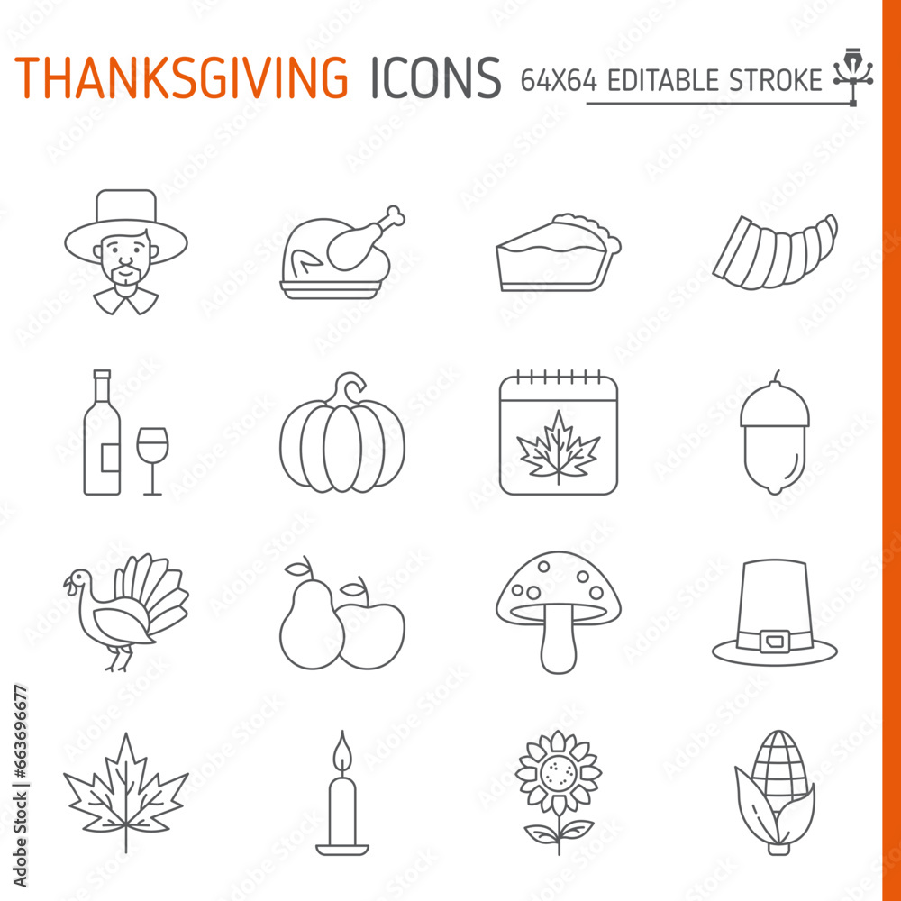 Thanksgiving line icon set, holiday vector collection, logo illustrations, family days symbols vector icons, outline style pictogram pack, editable stroke icons. Thanksgiving line icon set, holiday vector collection, logo illustrations, family days symbols vector icons, outline style pictogram pack, editable stroke icons.