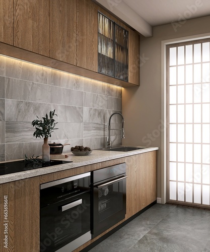 Foto Wooden kitchen cabinet counter with oven, dish washer, gray marble tile splash b