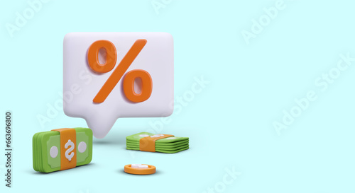 Poster with big percentage icon for bank and banknotes. Concept of business, sales and discounts. Profitable purchases and savings. Vector illustration with blue background
